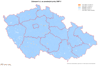 Zobrazení katastrálního území se zavedenými prvky OMP-V včetně stavu digitalizace